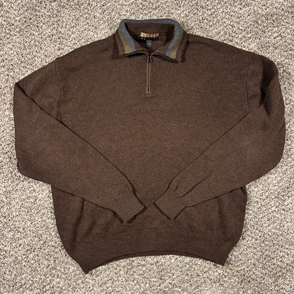 Vintage Robert Talbott Brown 100% Cotton Quarter Zip Sweater Mens Medium Striped